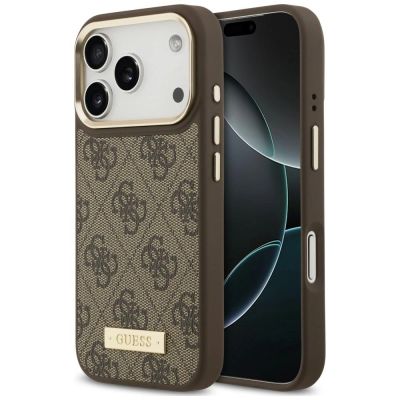Guess 4G Logo Plate MagSafe Schutzhülle für iPhone 18 Pro Max / 17 Pro Max – Braun