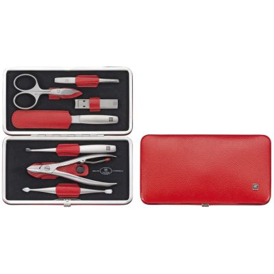 Zwilling Twinox Reiseset – Rotes Lederetui, 7-teilig – Rot