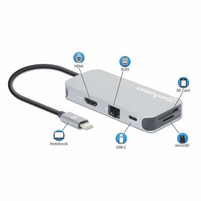 10. MANHATTAN 8-in-1 USB-C Dockingstation mit USB 3.2 Gen 1 Power Delivery, Typ-C Stecker auf HDMI Buchse, drei USB-A Anschlüssen, Gigabit RJ45 Anschluss, USB-C Power Delivery Anschluss, SD/MicroSD Kartenleser, Aluminium, Space Grau (13061)