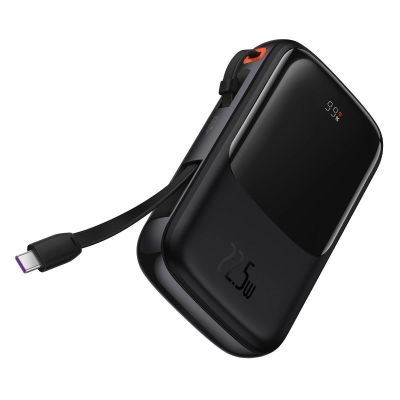 5. Baseus Qpow Digital Display Powerbank mit Schnellladung 10000mAh 22,5W QC/PD/SCP/FCP mit eingebautem USB-C Kabel schwarz