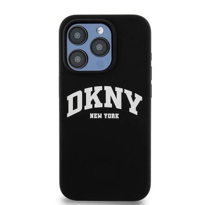 3. DKNY Flüssigsilikon-MagSafe-Hülle mit weißem bedrucktem Logo für iPhone 13 Pro / 13 – Schwarz