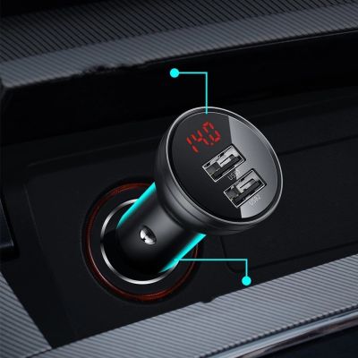 11. Baseus Autoladegerät 2x USB 4,8A 24W mit LCD + 3ins1 Kabel USB - USB Typ C / micro USB / Lightning schwarz (TZCCBX-0G)