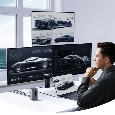 10. Baseus Spacemate RD1 Hub 11-in-1 USB-C Dockingstation – 2x HDMI 4K@60Hz, 2x DP 4K@60Hz, 2x USB-A 10 Gbit/s, USB-C 10 Gbit/s, RJ45, USB-A 480 Mbit/s, USB-C PD Mini-Klinkenanschluss, 3,5-mm-EU-Ladeanschluss – Grau