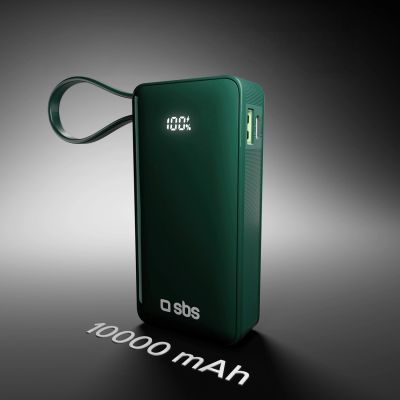 10. Powerbank SBS 10000 mAh 20W mit integriertem USB-C-Kabel und Digitalanzeige - grün