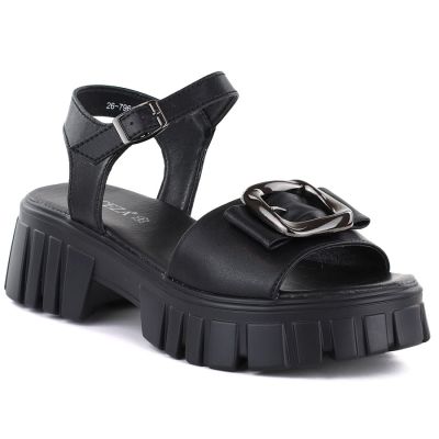 Schwarze Damen-Ledersandalen mit Plateau und Verzierungen, Vinceza 26-79611