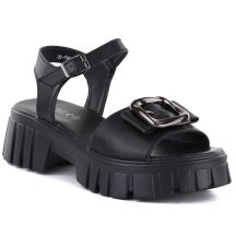 Schwarze Damen-Ledersandalen mit Plateau und Verzierungen, Vinceza 26-79611