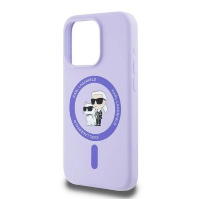 6. Karl Lagerfeld Silikonhülle mit Karl&Choupette-Kopfring und MagSafe-Motiv für iPhone 15 Pro – Lila