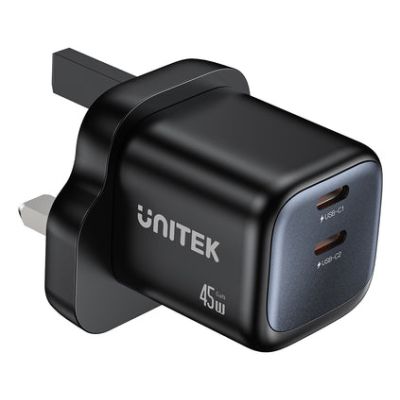 29. UNITEK 2x GAN 45W Ladegerät, 2x USB-C PD 3.0, QC, Schwarz