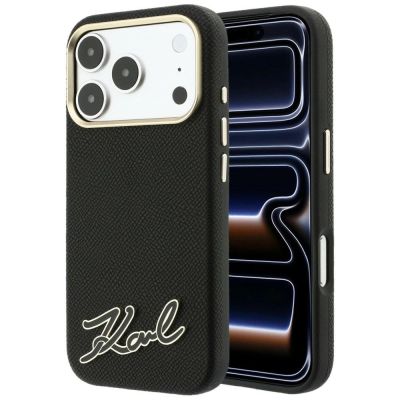 Karl Lagerfeld MagSafe-Hülle mit genarbter Oberfläche und Harz-Logo für iPhone 18 Pro / 17 Pro – Schwarz