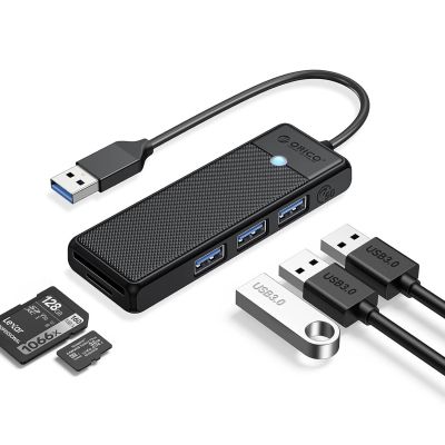 Orico PAPW3AT-U3 USB-Hub mit 4 Anschlüssen (3x USB-A 3.0) und microSD/SD-Kartenleser, 1 m Kabellänge – Schwarz