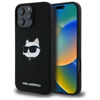 Karl Lagerfeld Silikon Choupette Kopf Print MagSafe iPhone 16 Pro Hülle - Schwarz