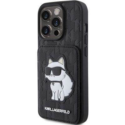 2. Karl Lagerfeld Saffiano Kartenfächer und Ständer Monogram Choupette Hülle für iPhone 15 Pro – Schwarz