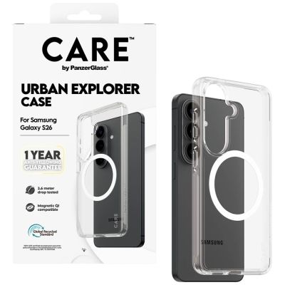 4. CARE by PanzerGlass Urban Explorer Transparente Hülle mit weißem Qi für Samsung Galaxy S26 - transparent