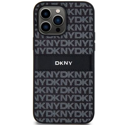 3. DKNY Lederhülle mit Monostreifen und Metalllogo für iPhone 14 Pro – Schwarz
