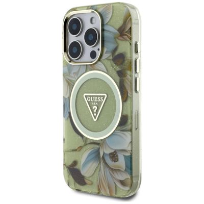 2. Guess Glitter Flowers Triangle Buttons MagSafe Case für iPhone 16 Pro Max grün