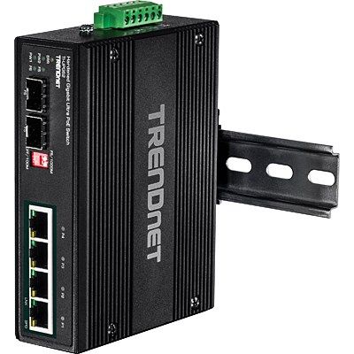 6. TRENDnet TI-UPG62 Switch – Unmanaged – 4 x 10/100/1000 (PoE+) + 2 x Gigabit SFP – DIN-Schienen- und Wandmontage möglich – PoE+ (240 W) – DC
