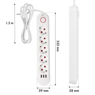 10. MACLEAN Steckdosenleiste mit 5 Steckdosen + 3 USB-Anschlüssen, 110–240 V Wechselstrom, 50/60 Hz, max. 2,1 A, 2500 W, 1,5 m, Weiß, MCE395W