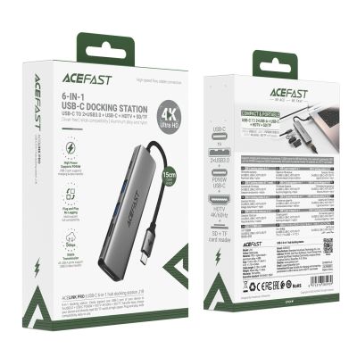 4. Acefast J18 USB-Hub USB-C 6-in-1 HDMI 4K 60Hz PD90W Dockingstation – Grau