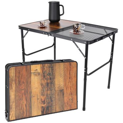 9. Klappbarer Campingtisch 90 x 60 x 36–68 cm, Stahl, Gitter, Holz