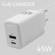 3. QOLTEC Ladegerät 45W GAN | 5-20V | 1,5-3A | 1x USB-C PD | 1x USB QC 3.0 | Weiß