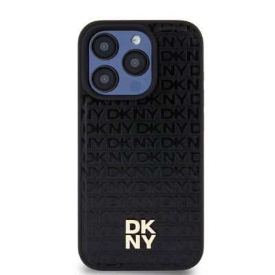 3. DKNY MagSafe-Hülle aus Leder mit Monogrammmuster und Metalllogo für iPhone 15 Pro – Schwarz