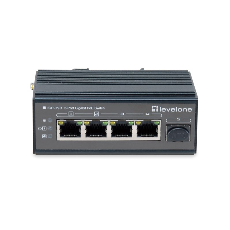 LevelOne 5-Port Gigabit Industrie-Switch - DIN-Schiene - -30°C bis 65°C - Gigabit Ethernet (10/100/1000) - Vollduplex - Power over Ethernet (PoE) - Wandmontage (IGP-0501)