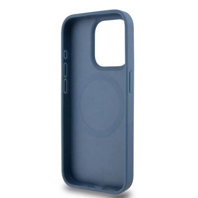 7. DKNY MagSafe-Hülle aus Leder mit Monogrammmuster und Metalllogo für iPhone 15 Pro – Blau