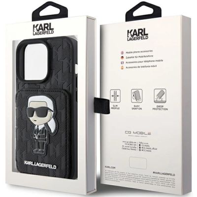 9. Karl Lagerfeld Saffiano Cardslots and Stand Monogram Ikonik Patch Hülle für iPhone 15 Pro – Schwarz