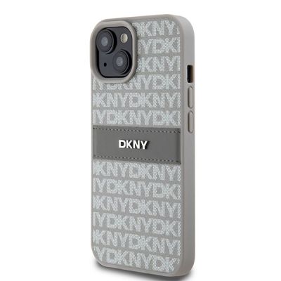 2. DKNY Lederhülle mit Monostreifen und Metalllogo für iPhone 15 / 14 / 13 – Beige