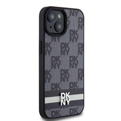 4. DKNY Lederhülle mit kariertem Monomuster und bedruckten Streifen für iPhone 15/14/13 – Schwarz