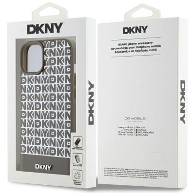 7. DKNY MagSafe-Hülle aus Leder mit bedrucktem Muster und Metalllogo für iPhone 15/14/13, Braun
