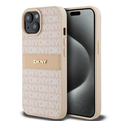 DKNY Leder-Monostreifen- und Metall-Logo-Hülle für iPhone 15 Plus / 14 Plus – Pink