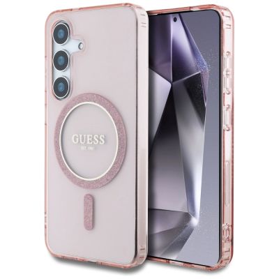 Guess Glitter Circle Classic Logo MagSafe Hülle für Samsung Galaxy S25 rosa