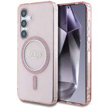Guess Glitter Circle Classic Logo MagSafe Hülle für Samsung Galaxy S25 rosa