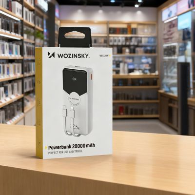 6. Wozinsky WFC-15W 20000mAh 22,5W PD20W Powerbank mit integrierten Lightning und USB-C-Kabeln – Weiß