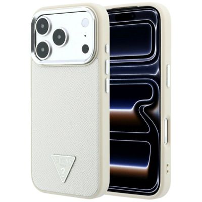 Guess MagSafe-Hülle mit genarbtem Dreieckslogo für iPhone 18 Pro Max / 17 Pro Max – Beige