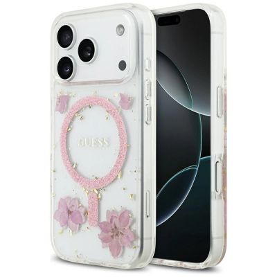Guess Resin Flowers Glitter MagSafe Hülle für iPhone 17 Pro - Pink