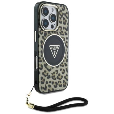 3. Guess HC IML Leopard Triangle Cord Strap MagSafe Case für iPhone 16 Pro - Braun