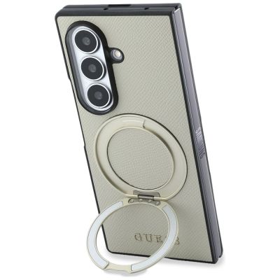 3. Guess Magnetische Ringständer-Hülle mit genarbtem Logo und MagSafe-Design für Samsung Galaxy Z Fold 8 Ultra – Beige