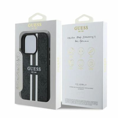 6. Guess 4G Printed Stripes MagSafe-Hülle für iPhone 16 Pro – Schwarz