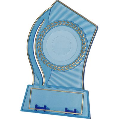 7. Trophäe aus transparentem, goldfarbenem Kunststoff mit Platz für einen 50-mm-Aufkleber und eine 65 mm × 23 mm große TM-Plakette.