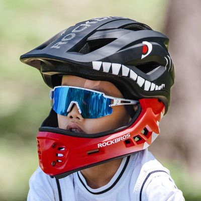 6. Rockbros TT-32005 Shark Kinderfahrradhelm mit abnehmbarem Kinnschutz, Größe M (54-58) – Schwarz