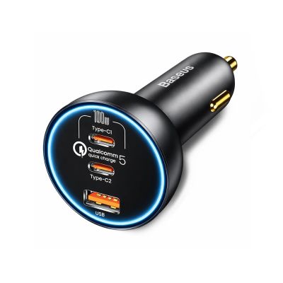 7. Baseus 160-W-Autoladegerät mit Qualcomm® Quick Charge™ 5-Technologie, 2x USB-C, 1x USB-A – Grau