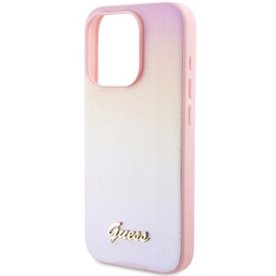 6. Guess Saffiano Iridescent Script Hülle für iPhone 14 Pro Max – Rosa