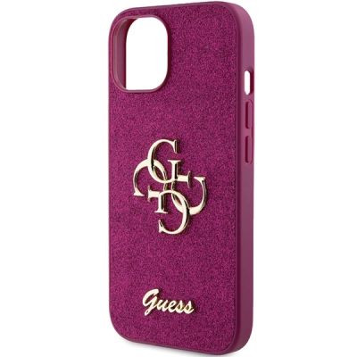 6. Guess Glitter Script Big 4G Hülle für iPhone 15 – Lila
