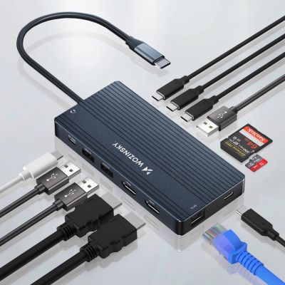 3. USB-C Hub 14 in 1 Wozinsky WDS03Y5S Multifunktional, Aluminium, für 3 Monitore, mit 15 cm Kabel - Grau