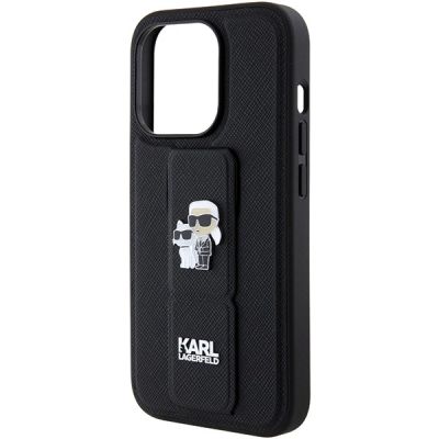 7. Karl Lagerfeld Gripstand Saffiano Karl&Choupette Pins Hülle für iPhone 15 Pro Max – Schwarz