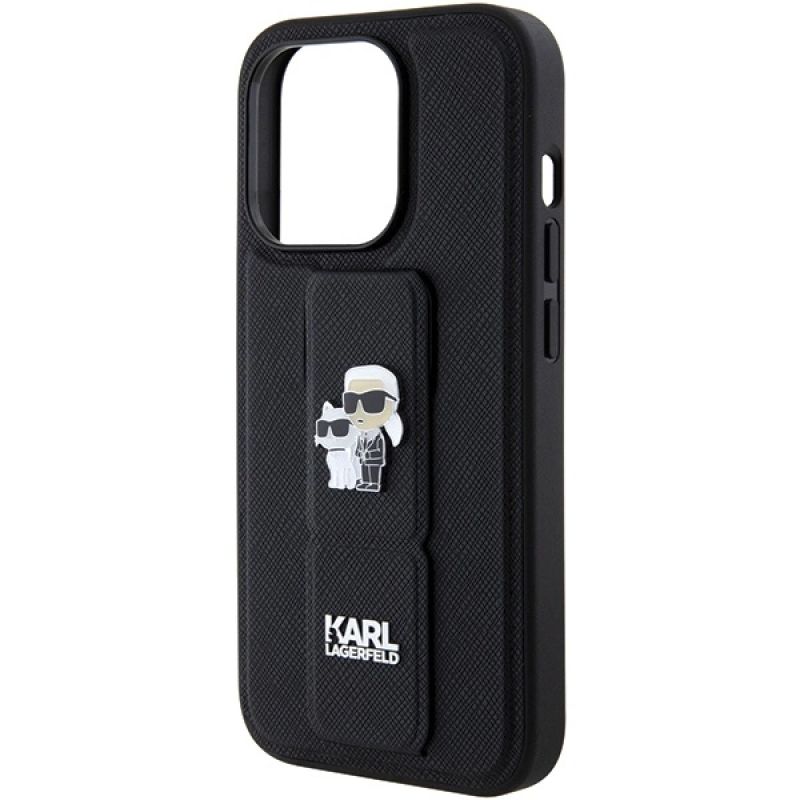 7. Karl Lagerfeld Gripstand Saffiano Karl&Choupette Pins Hülle für iPhone 15 Pro Max – Schwarz