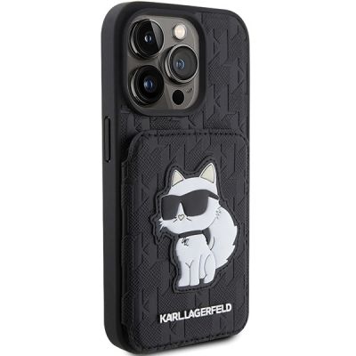 4. Karl Lagerfeld Saffiano Kartenfächer und Ständer Monogram Choupette Hülle für iPhone 15 Pro Max – Schwarz