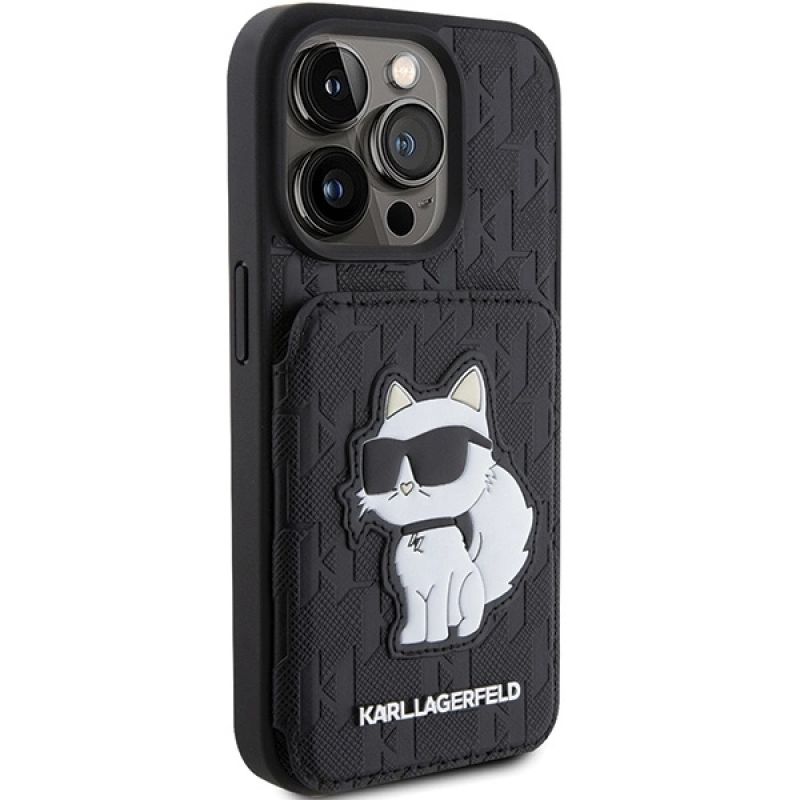 4. Karl Lagerfeld Saffiano Kartenfächer und Ständer Monogram Choupette Hülle für iPhone 15 Pro Max – Schwarz